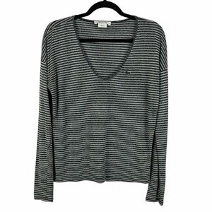 Lacoste Gray White Striped V-Neck Long Sleeve Top Size 36 Crocodile Logo